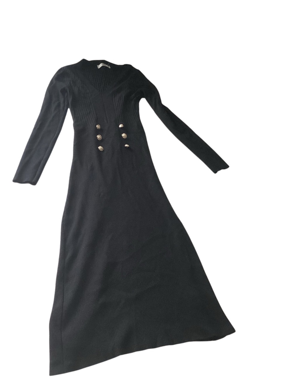Frame Denim Black High-Low Long Sleeve Knit Dress with Gold Buttons